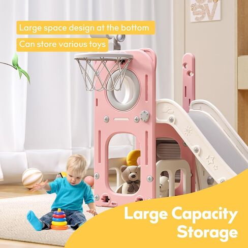 6 in 1 Toddler Playset with Slide, Kids Slide with Basketball Hoop, Ball, Ring Toss, Indoor Outdoor Toys (Pink) in Saudi Arabia