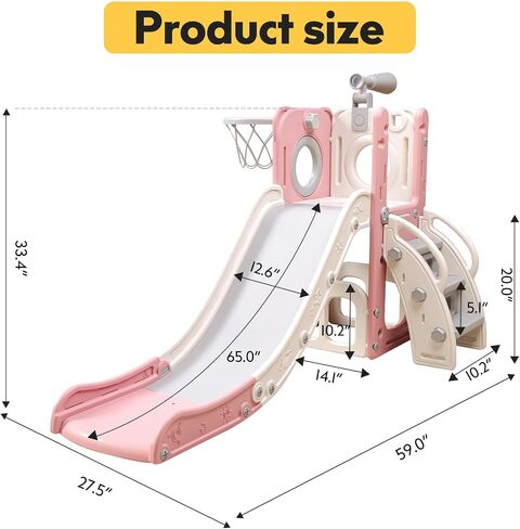 6 in 1 Toddler Playset with Slide, Kids Slide with Basketball Hoop, Ball, Ring Toss, Indoor Outdoor Toys (Pink) in Saudi Arabia