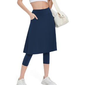 Women Athletic Knee Length Skirts with Leggings,Yoga Skorts Leggings with Arc-Shaped Pockets&Women Skirted Capris Skorts in Saudi Arabia