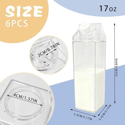 6 Pack 17 oz Milk Carton Water Bottles, Reusable Clear Plastic Square Milk Box Drink Storage Container, Leakproof Portable Juice Tea Jug Drinkware for Outdoor Sports Travel Camping Activities in Saudi Arabia