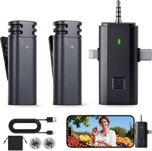 3-in-1 Mini Microphones: Wireless Lavalier Microphone with AI Noise Reduction for iPhone 15/14/13/12, Android, Cameras 12H Battery, Plug and Play Wireless Microphones for Vlog/YouTube/TikTok/Live in Saudi Arabia
