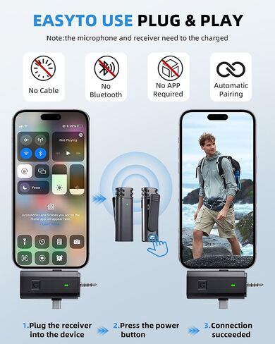 3-in-1 Mini Microphones: Wireless Lavalier Microphone with AI Noise Reduction for iPhone 15/14/13/12, Android, Cameras 12H Battery, Plug and Play Wireless Microphones for Vlog/YouTube/TikTok/Live in Saudi Arabia