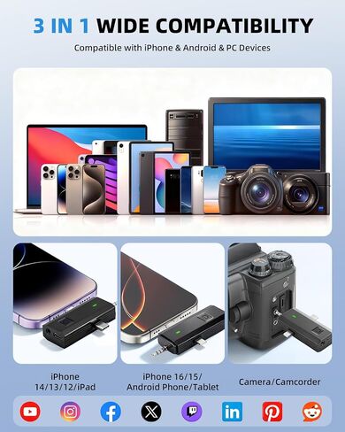 3-in-1 Mini Microphones: Wireless Lavalier Microphone with AI Noise Reduction for iPhone 15/14/13/12, Android, Cameras 12H Battery, Plug and Play Wireless Microphones for Vlog/YouTube/TikTok/Live in Saudi Arabia