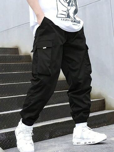 1 Piece Boys' Teenage Versatile Trendy Athletic Street-Style Cargo Pants with Large Pockets - Cuffed Ankle, Spring/Summer in Saudi Arabia