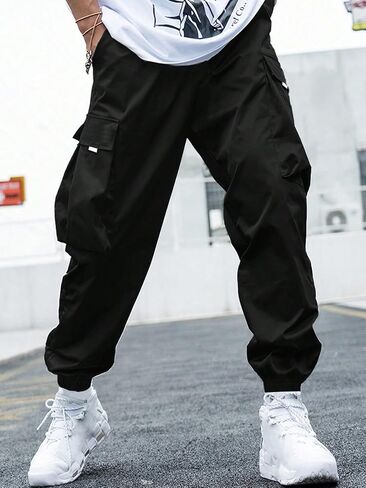 1 Piece Boys' Teenage Versatile Trendy Athletic Street-Style Cargo Pants with Large Pockets - Cuffed Ankle, Spring/Summer in Saudi Arabia