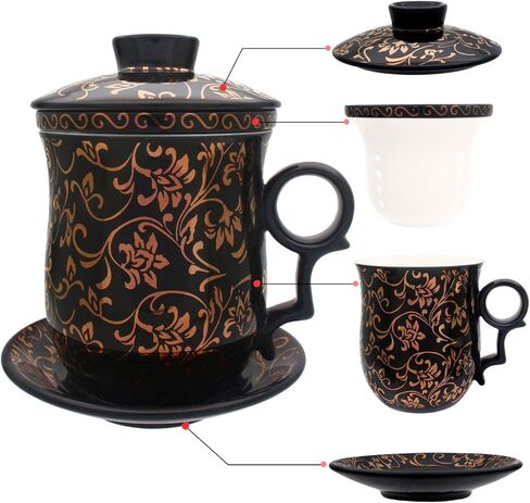 Porcelain Tea Cup with Infuser Lid and Saucer Sets - Chinese Jingdezhen Ceramics Coffee Mug Teacup Loose Leaf Tea Brewing System for Home Office in Saudi Arabia