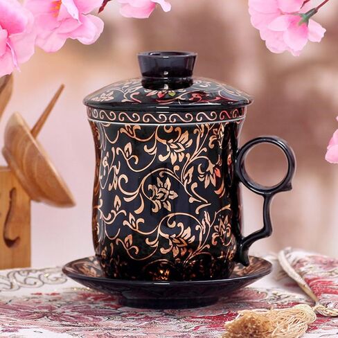 Porcelain Tea Cup with Infuser Lid and Saucer Sets - Chinese Jingdezhen Ceramics Coffee Mug Teacup Loose Leaf Tea Brewing System for Home Office in Saudi Arabia