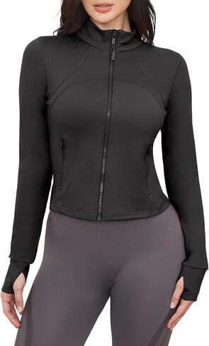 Workout Jackets for Woman: Athletic Gym Running Cropped Zip Up Tops with Thumb Holes Slim Fit Lightweight Sportswear in Saudi Arabia