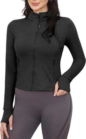 Workout Jackets for Woman: Athletic Gym Running Cropped Zip Up Tops with Thumb Holes Slim Fit Lightweight Sportswear in Saudi Arabia