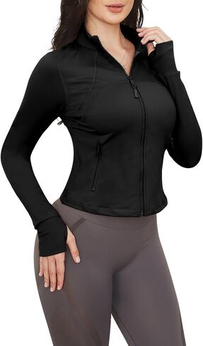 Workout Jackets for Woman: Athletic Gym Running Cropped Zip Up Tops with Thumb Holes Slim Fit Lightweight Sportswear in Saudi Arabia