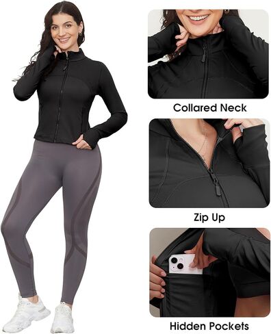 Workout Jackets for Woman: Athletic Gym Running Cropped Zip Up Tops with Thumb Holes Slim Fit Lightweight Sportswear in Saudi Arabia