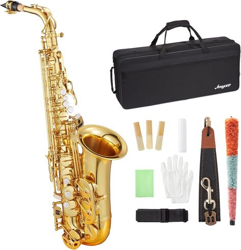 Black Gold Keys e Flat Alto Saxophone - Eb Alto Sax for Beginners & Students with 11 Reeds, Case, Mouthpiece, Neck Strap, Cleaning Kit, Gloves & Accessories, Gold Lacquer in Kuwait