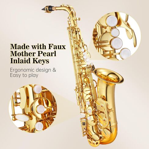 Black Gold Keys e Flat Alto Saxophone - Eb Alto Sax for Beginners & Students with 11 Reeds, Case, Mouthpiece, Neck Strap, Cleaning Kit, Gloves & Accessories, Gold Lacquer in Kuwait