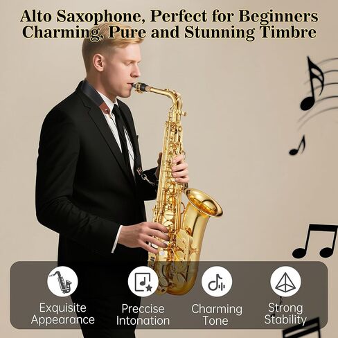 Black Gold Keys e Flat Alto Saxophone - Eb Alto Sax for Beginners & Students with 11 Reeds, Case, Mouthpiece, Neck Strap, Cleaning Kit, Gloves & Accessories, Gold Lacquer in Kuwait