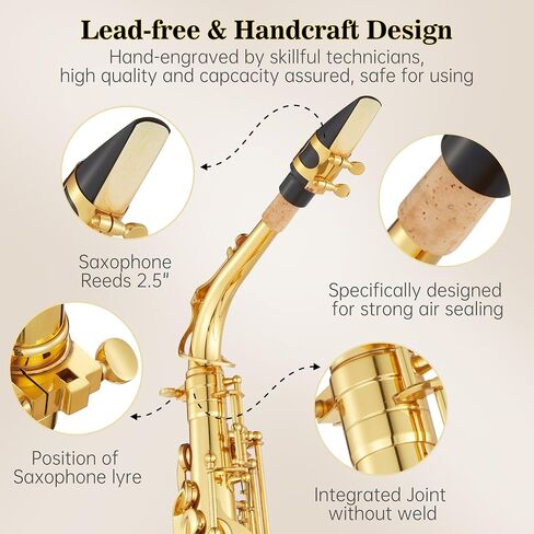 Black Gold Keys e Flat Alto Saxophone - Eb Alto Sax for Beginners & Students with 11 Reeds, Case, Mouthpiece, Neck Strap, Cleaning Kit, Gloves & Accessories, Gold Lacquer in Kuwait