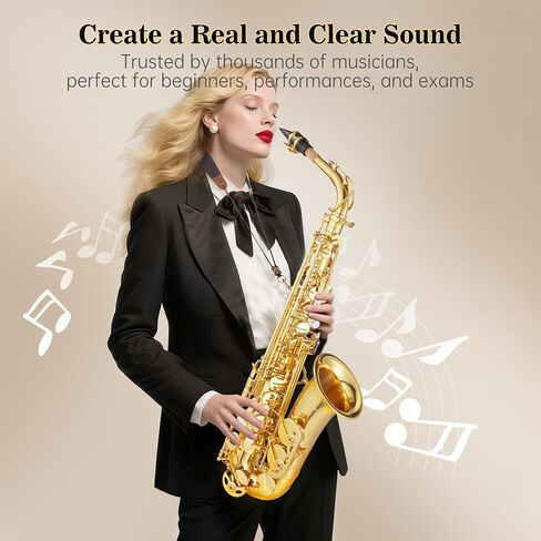 Black Gold Keys e Flat Alto Saxophone - Eb Alto Sax for Beginners & Students with 11 Reeds, Case, Mouthpiece, Neck Strap, Cleaning Kit, Gloves & Accessories, Gold Lacquer in Kuwait