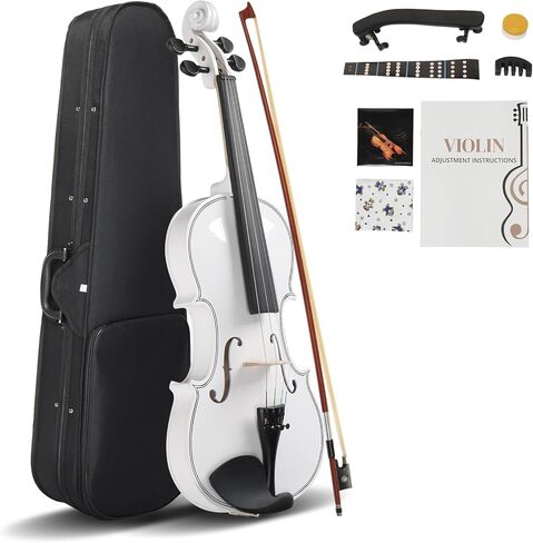 مجموعة كمان 4/4 كاملة الحجم مطورة من Lykos للبالغين والطلاب المبتدئين مع حقيبة صلبة، وقوس الكمان، ومسند الكتف، والصنوبري، وأوتار إضافية وسوردين (أبيض) in Kuwait