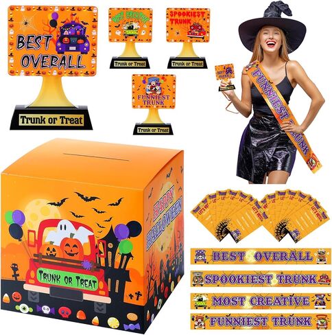 59 Pcs Halloween Trunk or Treat Contest Ballot Kit Includes 1 Ballot Box 4 Trunk or Treat Car Decor Trophies 50 Voting Cards and 4 Award Sashes for Halloween Costume Game Party Decoration in Saudi Arabia