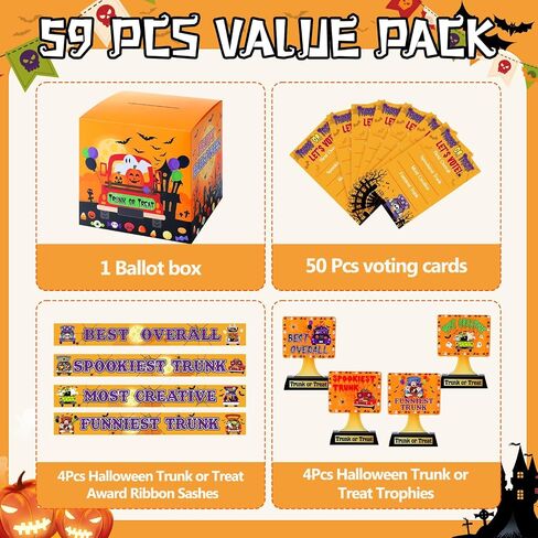 59 Pcs Halloween Trunk or Treat Contest Ballot Kit Includes 1 Ballot Box 4 Trunk or Treat Car Decor Trophies 50 Voting Cards and 4 Award Sashes for Halloween Costume Game Party Decoration in Saudi Arabia