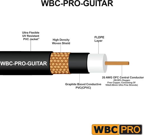 10 أقدام - جيتار WBC-PRO - 20 AWG - غطاء منخفض (18pF/قدم) - درجة احترافية - قائم على الجرافيت - جيتار مزدوج الحماية، باس، كابل أداة مع موصلات Amphenol QM2R-AU وQM2P-AU ¼ بوصة (6.35 مم) ذهبية TS in Saudi Arabia