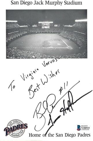 Trevor Hoffman & Brad Ausmus Signed Padres Baseball 5.5x8.5 Photo Card BAS COA - MLB Autographed Baseball Cards in Saudi Arabia