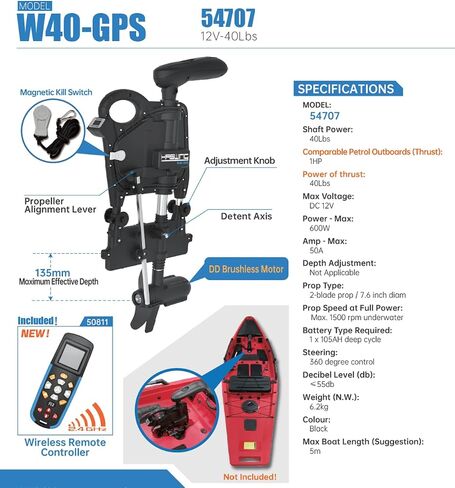 HASWING W40 GPS Electric Trolling Motor for Kayak – 12V 40Lbs Brushless with Emergency Magnetic Kill Switch, Suitable for Saltwater and Freshwater Fishing 54707 in Saudi Arabia