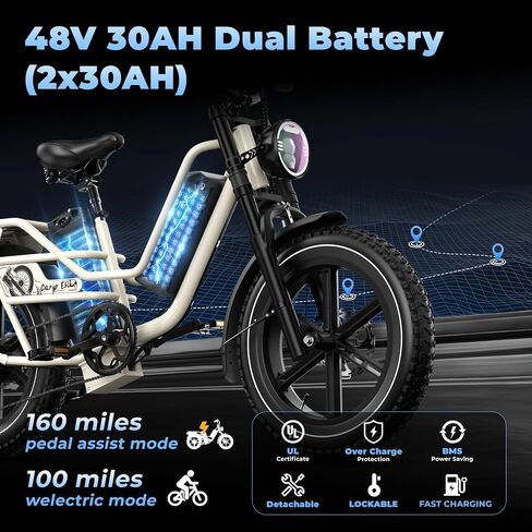 Dual Battery Electric Bike for Adults, 160 Miles Long Range Cargo Ebike with 48V 60AH Removable 2880WH Battery, 1450W Peak Motor 34MPH Electric Bicycle, 20" x 4" Fat Tire Hydraulic Brakes E Bike in Saudi Arabia