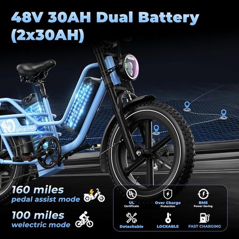 Dual Battery Electric Bike for Adults, 160 Miles Long Range Cargo Ebike with 48V 60AH Removable 2880WH Battery, 1450W Peak Motor 34MPH Electric Bicycle, 20" x 4" Fat Tire Hydraulic Brakes E Bike in Saudi Arabia