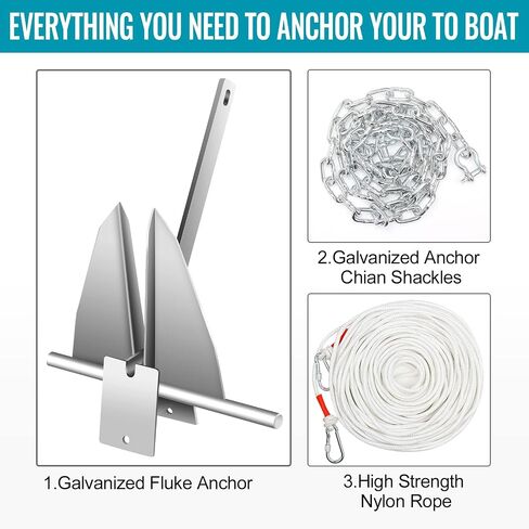 Boat Anchor Kit,Fluke Style Anchor,Hot-Dipped Galvanized Steel, Kit Includes Galvanized Fluke Anchor, Anchor Chain,Rope, Shackles,Boat Anchors for 15'-23' Boats Boats in Kuwait