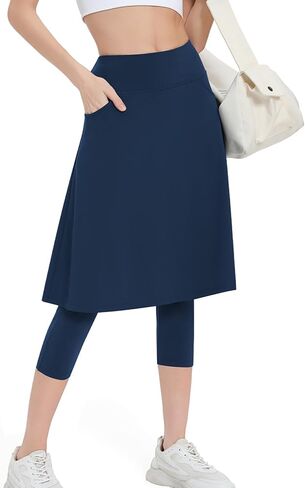 Women Athletic Knee Length Skirts with Leggings,Yoga Skorts Leggings with Arc-Shaped Pockets&Women Skirted Capris Skorts in Kuwait
