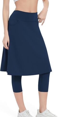 Women Athletic Knee Length Skirts with Leggings,Yoga Skorts Leggings with Arc-Shaped Pockets&Women Skirted Capris Skorts in Kuwait