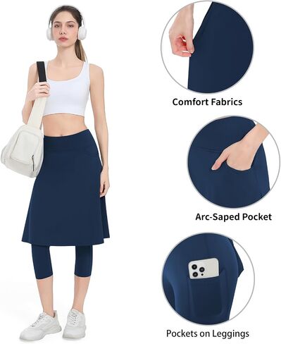 Women Athletic Knee Length Skirts with Leggings,Yoga Skorts Leggings with Arc-Shaped Pockets&Women Skirted Capris Skorts in Kuwait
