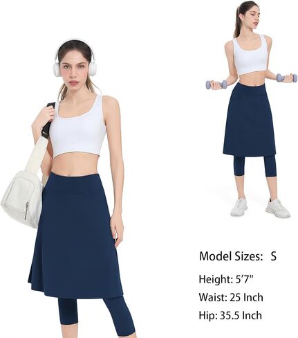 Women Athletic Knee Length Skirts with Leggings,Yoga Skorts Leggings with Arc-Shaped Pockets&Women Skirted Capris Skorts in Kuwait