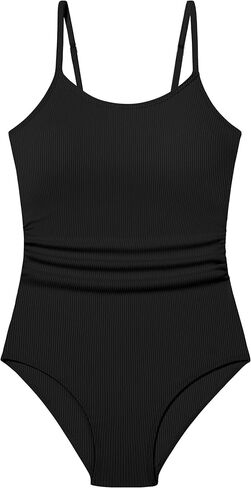 ملابس سباحة للفتيات من Qaoerde قطعة واحدة مكشكشة بلون واحد بدلة استحمام للبنات مضلعة قابلة للتعديل بأشرطة قابلة للتعديل 9-16 سنة in Kuwait