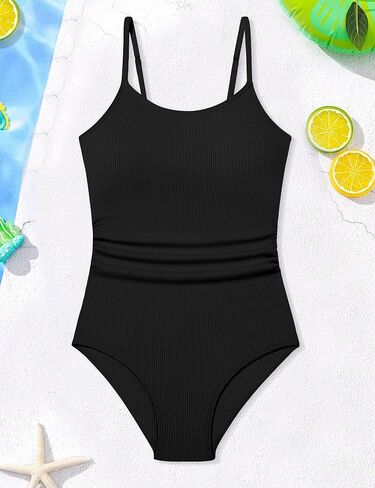 ملابس سباحة للفتيات من Qaoerde قطعة واحدة مكشكشة بلون واحد بدلة استحمام للبنات مضلعة قابلة للتعديل بأشرطة قابلة للتعديل 9-16 سنة in Kuwait