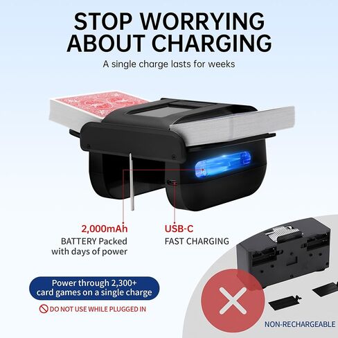 ماكينة خلط البطاقات الأوتوماتيكية ذات سطحين، قابلة لإعادة الشحن عبر USB-C، هادئة وسريعة، تلقائي/يدوي، ماكينة خلط البطاقات الكهربائية المحمولة من فئة الكازينو لـ UNO، لعبة ورق، البوكر، سكيب بو، المرحلة 10 - أسود in Kuwait