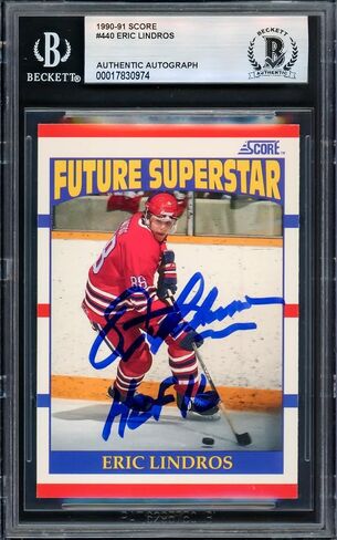 Eric Lindros Autographed 1990-91 Score Rookie Card #440 "HOF 16" Beckett BAS Stock #239929 - Hockey Slabbed Autographed Rookie Cards in Saudi Arabia