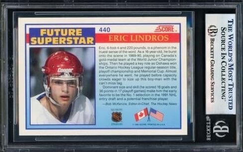 Eric Lindros Autographed 1990-91 Score Rookie Card #440 "HOF 16" Beckett BAS Stock #239929 - Hockey Slabbed Autographed Rookie Cards in Saudi Arabia