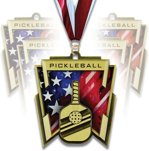Pickleball Award Medal, Patriotic Design with American Flag, Gold Finish, Red White and Blue Ribbon, 3" X 2.75", Package of 5 in Saudi Arabia