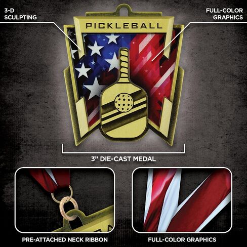 Pickleball Award Medal, Patriotic Design with American Flag, Gold Finish, Red White and Blue Ribbon, 3" X 2.75", Package of 5 in Saudi Arabia