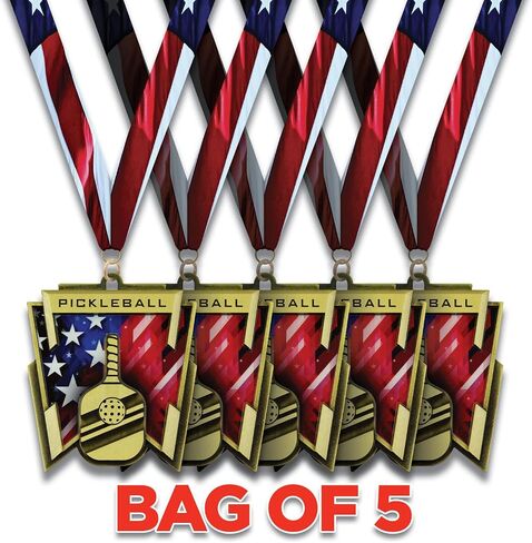 Pickleball Award Medal, Patriotic Design with American Flag, Gold Finish, Red White and Blue Ribbon, 3" X 2.75", Package of 5 in Saudi Arabia
