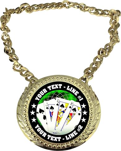 Express Medals Custom Poker Holdem Stud Champ Chain Trophy with 2 Lines of Personalized Text on a Large Rigid Plastic Award Medal and 34 Inch Long Gold Color Neck Chain. FCL432 in Saudi Arabia