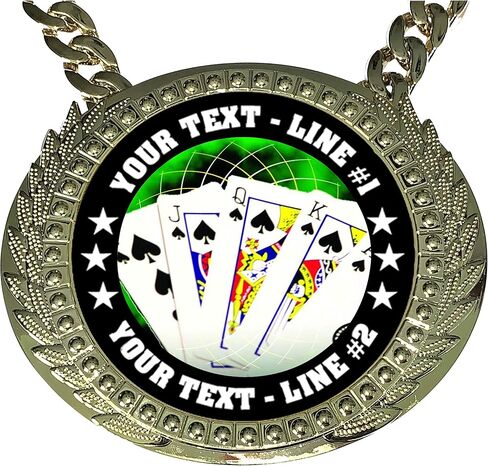 Express Medals Custom Poker Holdem Stud Champ Chain Trophy with 2 Lines of Personalized Text on a Large Rigid Plastic Award Medal and 34 Inch Long Gold Color Neck Chain. FCL432 in Saudi Arabia
