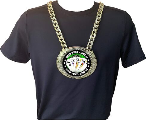 Express Medals Custom Poker Holdem Stud Champ Chain Trophy with 2 Lines of Personalized Text on a Large Rigid Plastic Award Medal and 34 Inch Long Gold Color Neck Chain. FCL432 in Saudi Arabia