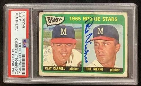 Phil Niekro Signed 1965 Topps #461 Baseball Card HOF Clay Carroll Auto PSA/DNA - Baseball Slabbed Autographed Cards in Saudi Arabia