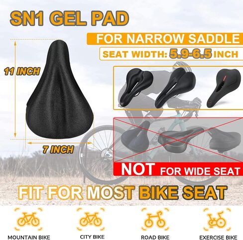 SN1 Gel Bike Seat Cover - Narrow Bike Seat Cushion for Women and Man Comfort,Thickened Gel Pad Suitable Width 5.9-6.5 Inch Mountain|Road|Exercise Bike Seat, Water Resistant Cover (Black) in Saudi Arabia