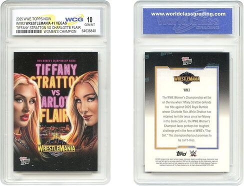 2025 WWE Topps Tiffany Stratton vs Charlotte Flair Womens Championship Wrestlemania 41 Card #WM3 - Graded GEM Mint 10 in Saudi Arabia