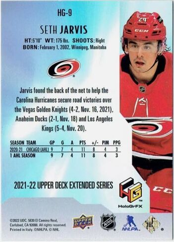 2021-22 Upper Deck Extended HoloGrFX Rookies Seth Jarvis Rookie Card RC #HG-9 in Saudi Arabia