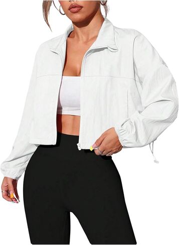 OYOANGLE Women's Solid Zipper Front Sports Jacket Drawstring Lightweight Long Sleeve Cropped Running Jackets in Saudi Arabia