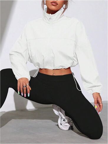 OYOANGLE Women's Solid Zipper Front Sports Jacket Drawstring Lightweight Long Sleeve Cropped Running Jackets in Saudi Arabia